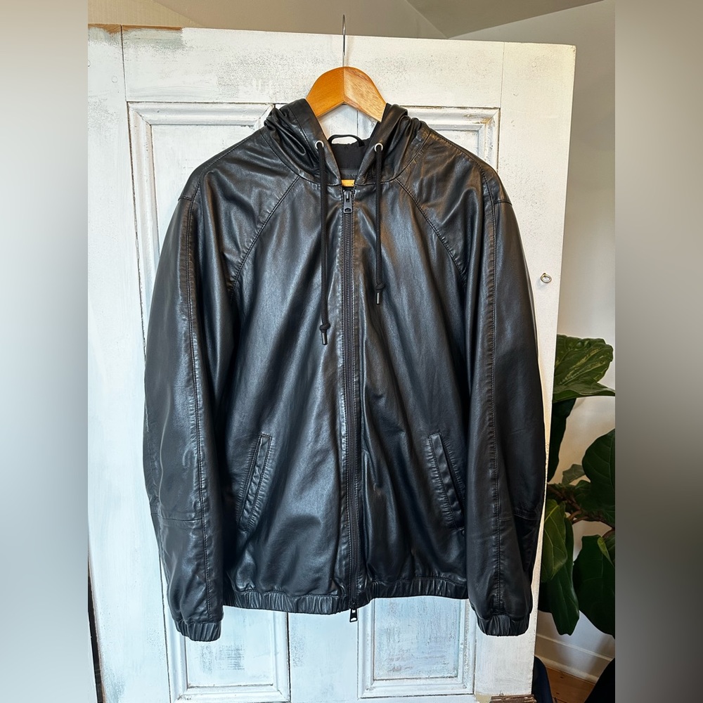 AllSaints Men’s Large Black Leather Penton Hoody